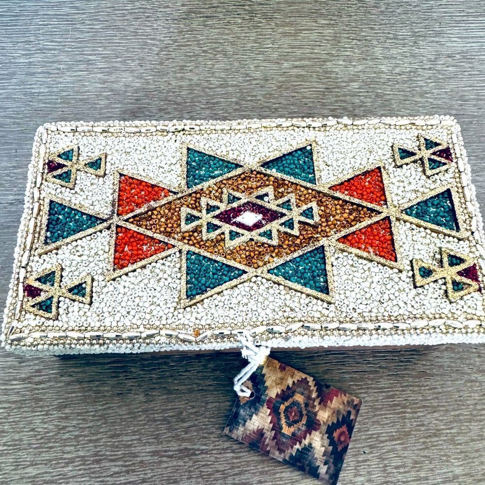 Southwest Western Aztec Tribal Beaded Teal Orange Gold Decor Storage Box